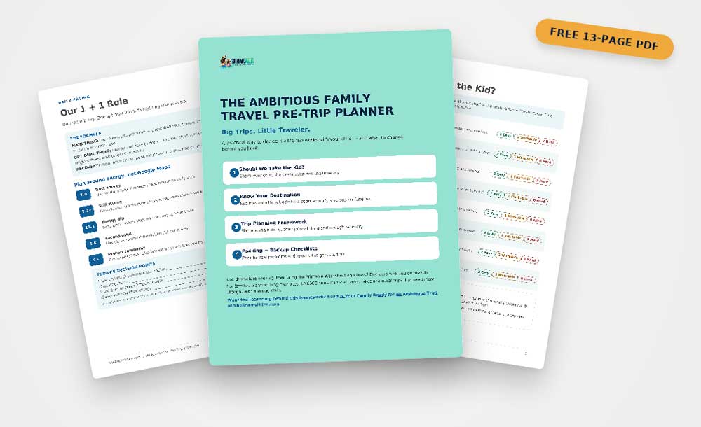 Ambitious Family Travel With Young Kids: How We Decide If A Big Trip Is Actually Doable The Free Ambitious Family Travel Pre-Trip Planner โ A Flat-Lay Of The Cover Page And Sample Worksheet Pages