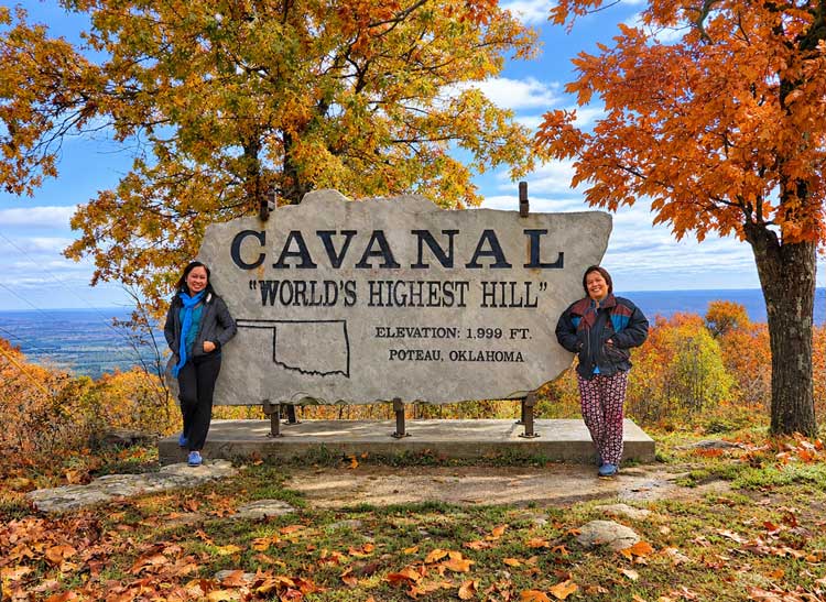 Cavanal Hill Fall Colors: Driving Oklahoma'S &Quot;World'S Highest Hill&Quot; Author And Her Mother Beside The Stone Cavanal &Quot;World'S Highest Hill&Quot; Sign, Elevation 1,999 Feet, Poteau, Oklahoma, Under Orange Fall Oaks