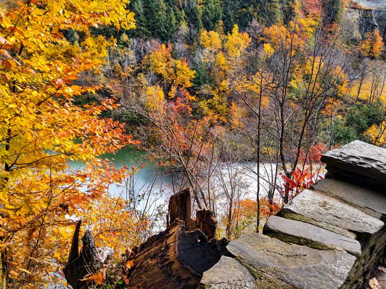 Letchworth State Park, New York: Waterfalls, Fall Colors &Amp; What To See Whitewater And Mist Below Upper Falls Seen Through Yellow Leaves Over A Stone Wall