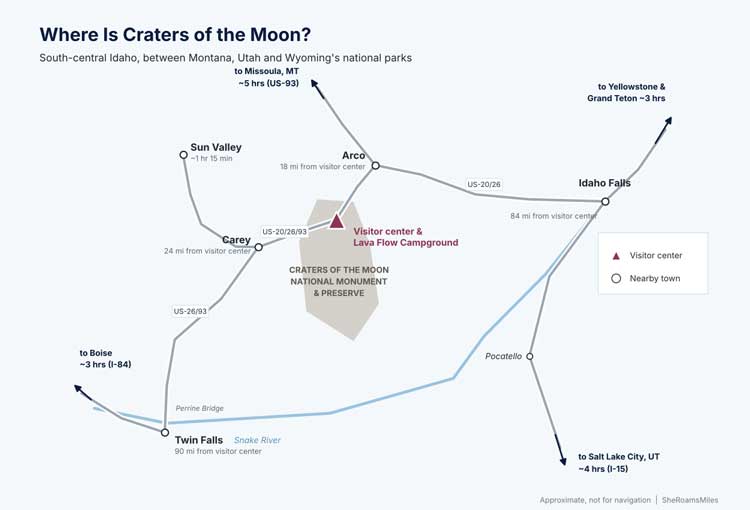 Craters Of The Moon National Monument: Things To Do And Visitor Guide Map Of Craters Of The Moon National Monument In South-Central Idaho, With Drive Times To Sun Valley, Yellowstone, Grand Teton, Boise, Salt Lake City And Missoula.