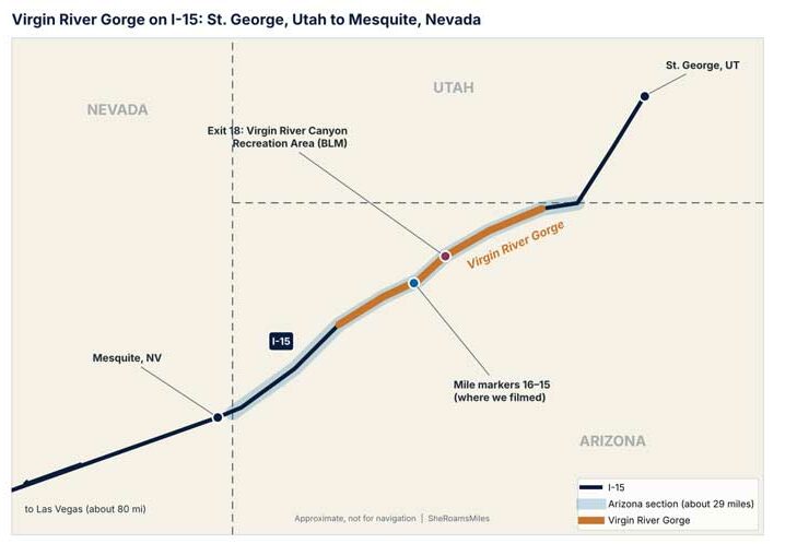 Virgin River Gorge Scenic Drive: I-15 Through Arizona The Arizona Stretch Of I-15, With The Gorge, Exit 18 And The Spot Where We Filmed. Map Is Approximate.